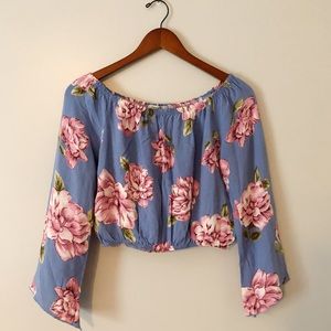 Long Sleeve Off The Shoulder Floral Cropped Top